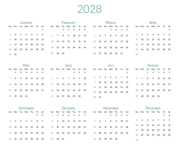 Календар 2028 Року Тиждень Починається Неділю Шаблон Планування Столів Місяцями — стоковий вектор