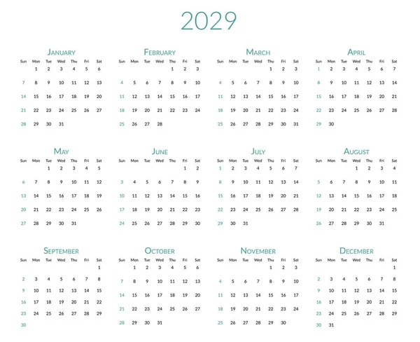 Календар 2029 Року Тиждень Починається Неділю Шаблон Планування Столів Місяцями — стоковий вектор