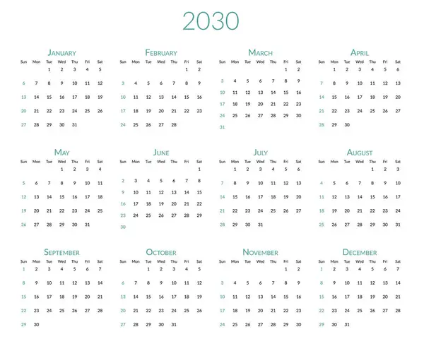 Календар 2030 Року Тиждень Починається Неділю Шаблон Планування Столів Місяцями — стоковий вектор