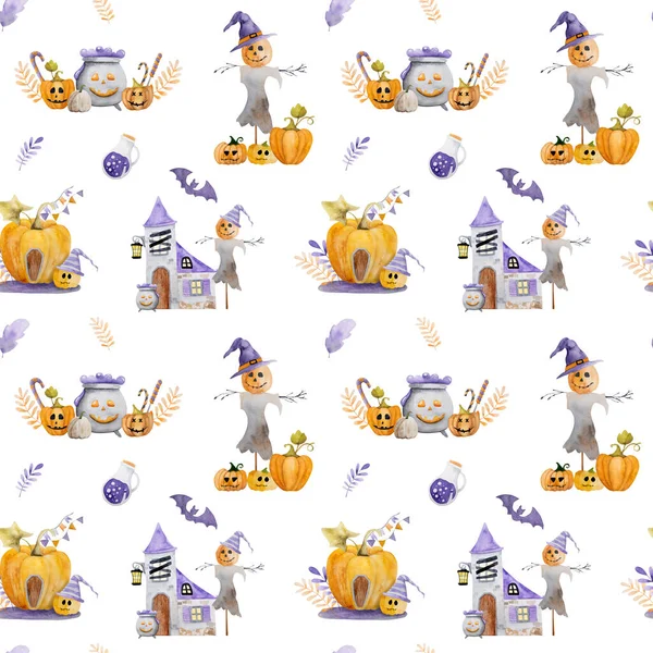 Geleneksel lolipoplu Cadılar Bayramı balkabağı, yarasa ve cadı şapkası suluboya kusursuz desenli. Ürkütücü sonbahar tatili çizimi şaka ve şeker gecesi