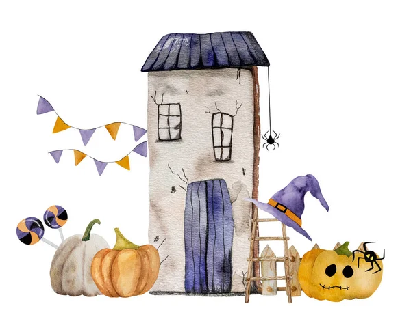 バットとロリポップウォーターカラーアートのハロウィンハウス 神秘的な幽霊の家でクリーピーな秋の休日の図面 — ストック写真