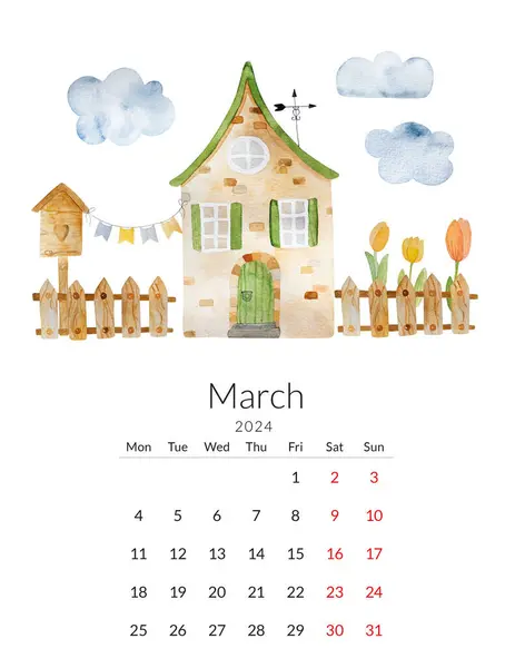 Calendario Marzo 2024 Acuarela Hecha Mano Calle Primavera Con Una — Foto de Stock