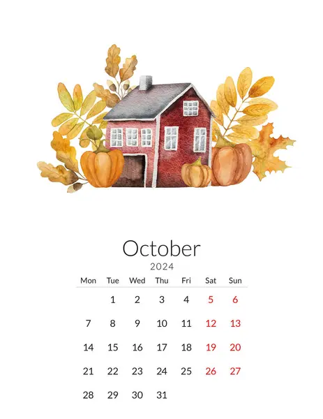 Octubre 2024 Plantilla Calendario Acuarela Ilustración Otoñal Con Las Calabazas — Foto de Stock