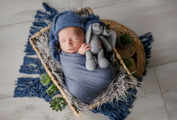 Adorable Bébé Garçon Nouveau Emmailloté Dans Une Couverture Tenant Lapin — Photo