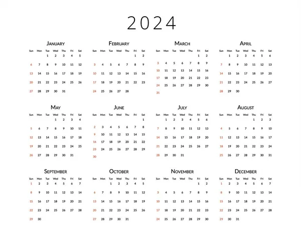 Imprimer Modèle Calendrier 2024 Avec Mois Semaines Dates Conception Raboteuse — Photo