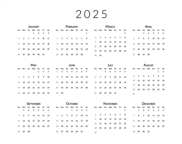 Imprimer Modèle Calendrier 2025 Avec Mois Semaines Dates Conception Raboteuse — Photo