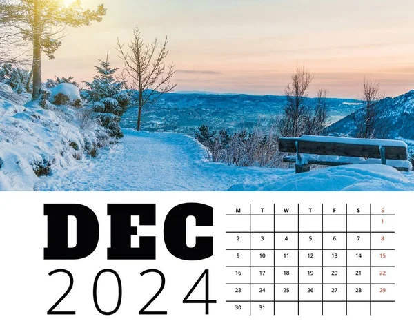 Imprimer Modèle Calendrier 2024 Mois Décembre Avec Norvège Illustration Paysage — Photo