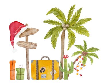 Tropik Meksika yaz suluboya resmi, palmiyeler, kaktüsler ve kartpostallar için plaj. Egzotik tatil cenneti