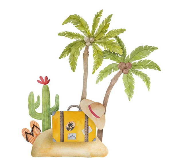 热带墨西哥夏季水彩画与棕榈 仙人掌和海滩明信片 异国情调度假天堂 — 图库照片
