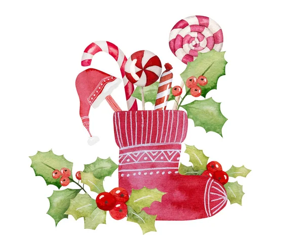 Традиционные Рождественские Красные Носки Подарками Акварелью Праздничная Новогодняя Одежда Леденцами — стоковое фото