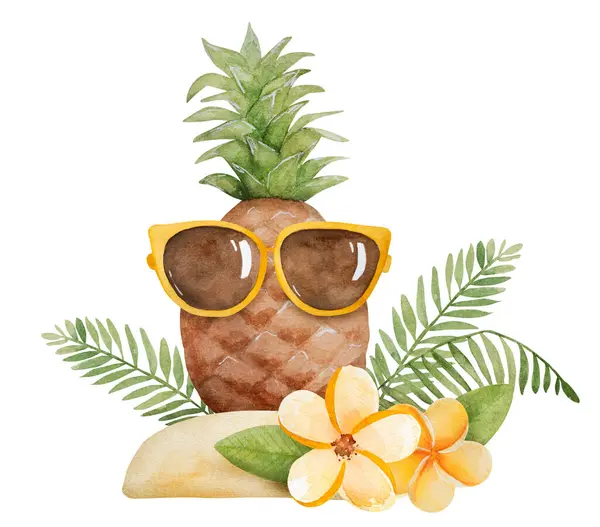 Tropické Letní Ananas Slunečními Brýlemi Plumeria Akvarel Pro Návrh Pohlednice — Stock fotografie