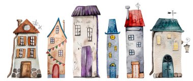 Set Of 6 Handcrafted Watercolor Drawings Features An Old Cottage clipart