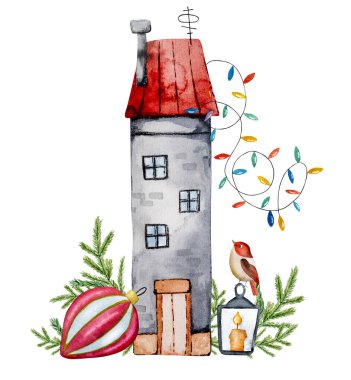 Kışın Noel süsleri olan eski bir kır evi elle çizilmiş suluboya resmidir.