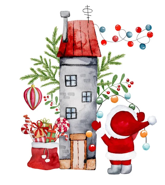 Old House Christmas Decorations Winter Gnome Hangs Garland House Hand — Stock Photo, Image
