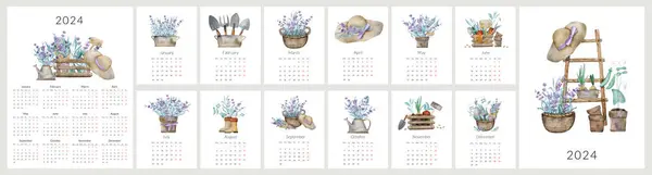 Ręcznie Robione Akwarelowe Ilustracje Lawendy Funkcji Prowansja Kalendarzu 2024 Miesięcy — Zdjęcie stockowe