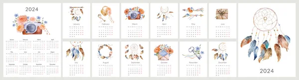 ハンドメイドウォーターカラーブーフイラスト 2024 カレンダー — ストック写真