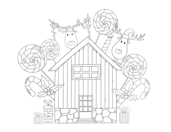 Süßes Häuschen Mit Weihnachtsgeschenken Dekorationen Bonbons Und Santas Rentieren Ist — Stockvektor