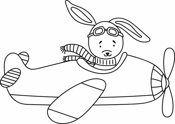 Coloring Page Kids Featuring Bunny Pilot Flying Airplane Fun Creative — Stock Vector