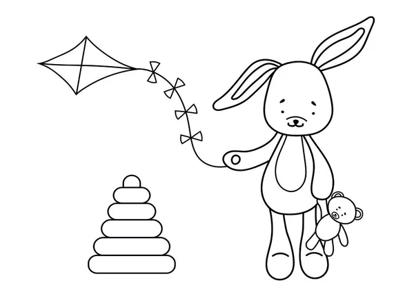 Coloring Page Kids Featuring Bunny Kite Standing Pyramid Perfect Childrens — Stock Vector