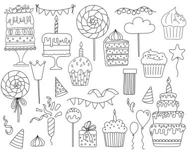 Çocuklar için olan bu boyama sayfasında pasta, kek ve şekerler de dahil olmak üzere bir dizi tatlı çizgi film var. Çocuklar için yaratıcılık ve yaratıcı boyama kitabı için mükemmel.