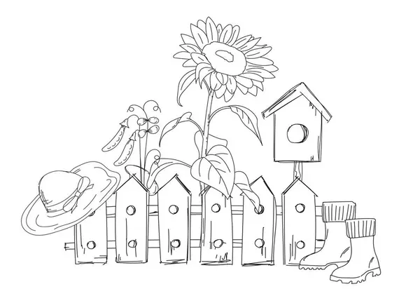 Kolorowanki Dla Dzieci Funkcje Ręcznie Rysowane Motyw Ogród Birdhouse Płotem — Wektor stockowy