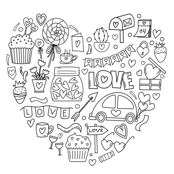 Doodle Dibujado Mano Establecido Forma Vector Forma Corazón Una Página — Vector de stock