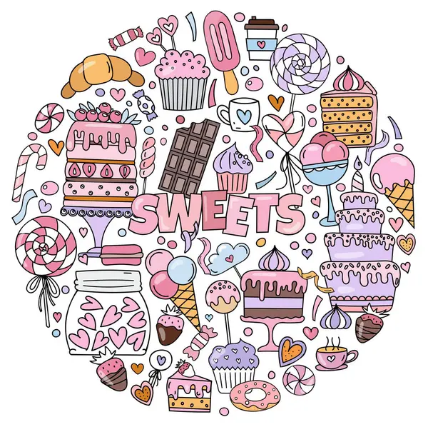Handgezeichnete Und Farbige Doodles Themen Auf Süßigkeiten Einschließlich Einer Reihe — Stockvektor