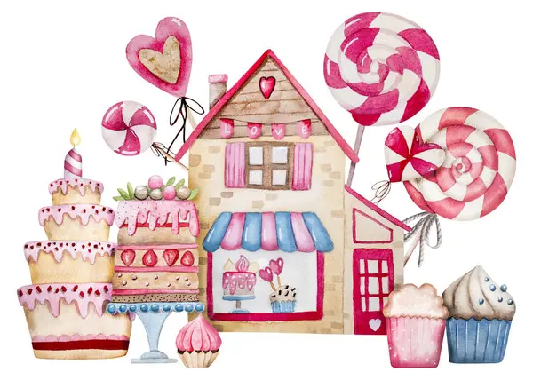 2月14日にテーマにした手描きの水彩イラスト素材 ケーキ カップケーキ バレンタインデー用キャンディーショップを特集 — ストック写真