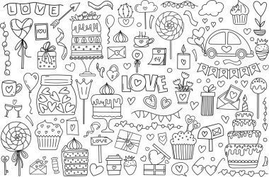 Sevgililer Günü 'nde kalpler, şekerler ve 14 Şubat için şekerlemeler içeren stres giderici bir boyama sayfası içeren, vektöre elle çizilmiş karalama, şirin bir boyama kitabı.