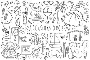 Yaz temalı stres karşıtı bir boyama sayfası için el yapımı vektör karalama seti, denizi ve yazı renklendirmek için gereken her şeyi içeren bir renkli kitap.