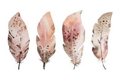 Kızılderili süsleme setiyle boho stili suluboya tüy resimleri. Hippi akvaryum çizimleri koleksiyonunu tüy döküyor.