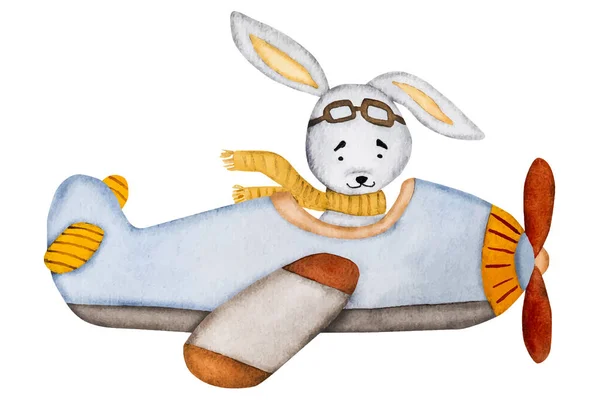 Cute Bunny Pilot Flying Plane Watercolor Painting Postcard Cartoon Rabbit — Stock Vector
