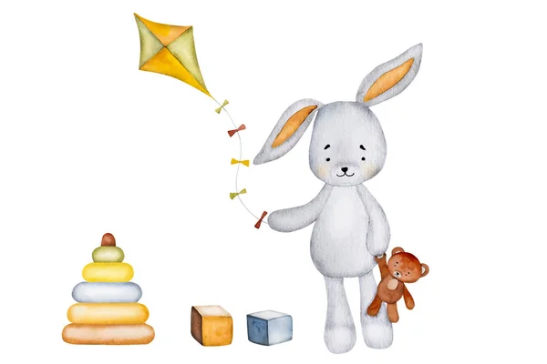 子供の絵葉書のための凧やおもちゃの水彩画でかわいいウサギ 子供の装飾のためのテディベアと漫画甘いウサギのアクエラレル図面 — ストックベクタ
