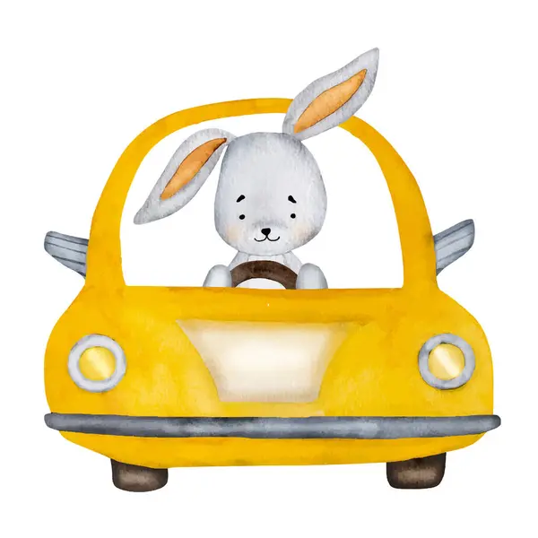 Cute Bunny Driver Orange Car Watercolor Painting Postcard Cartoon Rabbit — Stock Vector