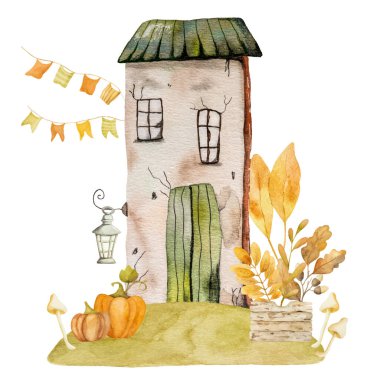 Şirin resimli Watercoor binası. Kartpostallar için ev dış tasarımı