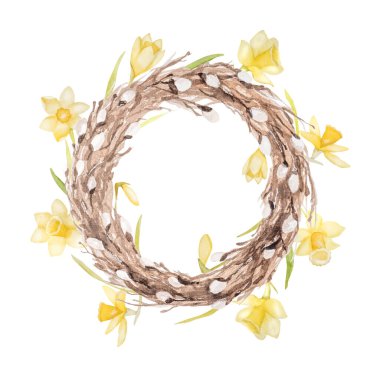 Paskalya için Söğüt ve nergisten yapılmış suluboya resimli çelenkler