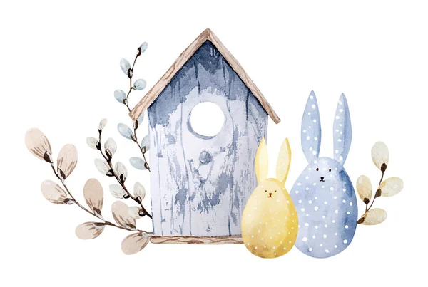 Birdhouse Willow Decor Easter Eggs Rabbit Ears Hand Painted Watercolor — Stock vektor
