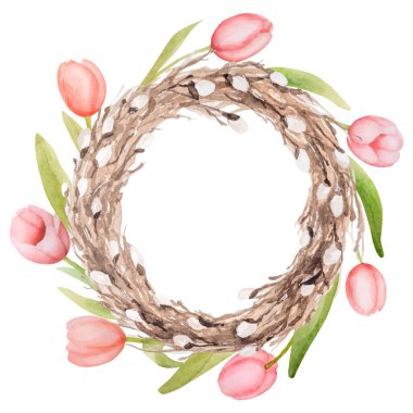 Paskalya için el yapımı söğüt rengi çelenk ve laleler benim resmim.