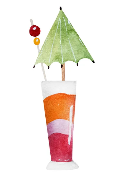 Hand-Drawn Image Of A Colorful Cocktail With An Umbrella, A Watercolor Illustration On A Vacation Theme, Is A Clipart On A White Background