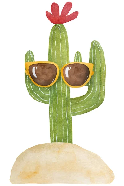 Handgetekende Vectorafbeelding Van Een Vrolijke Cactus Een Zonnebril Een Aquarelillustratie — Stockvector