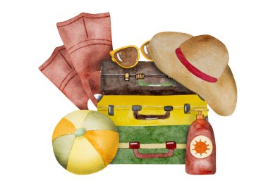 El boyası suluboya eşyalar bir yığın bavul ve bir şapka, güneş gözlüğü, yüzgeçler, balo ve yaz tatili için güneş kremi.