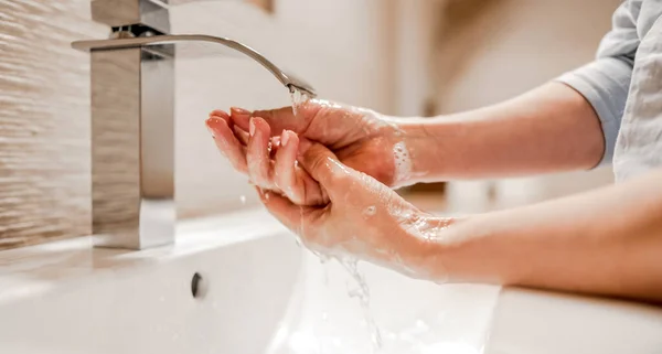 Girl Washing Hands Soap Foam Bathroom Steel Faucet Hygiene Cleaning — Foto Stock