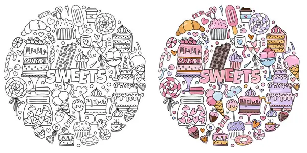 手工绘制的甜品上的涂鸦 包括一组用蛋糕 糖果和其他用于减压的食疗品的图片 — 图库矢量图片