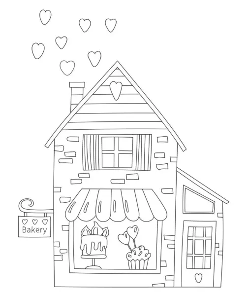 Página Para Colorear Ilustración Panadería Dulce Con Montón Dulces Pasteles — Vector de stock