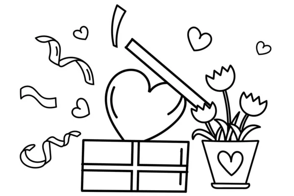 Valentines Day Coloring Page Features Cute Illustration Gift Box Heart — Stock Vector