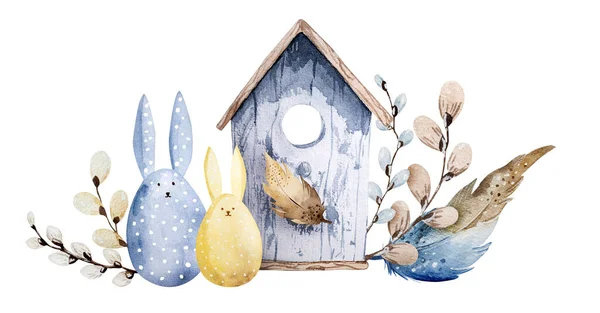 Birdhouse Willow Decor Easter Eggs Rabbit Ears Hand Painted Watercolor —  Fotos de Stock