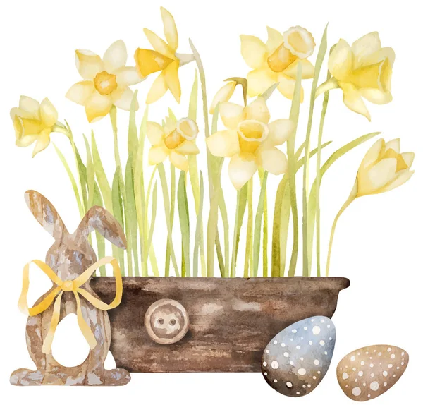 Watercolor Illustration Features Yellow Daffodils Pot Easter Eggs Wooden Easter — Stock Vector