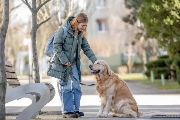 Small Girl In Green Jacket Walks With Golden Retriever On Street In Early Spring, Showcasing A Child And Dog Bond