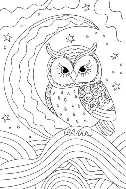 Ay 'da Baykuş Oturmak, çocuklar ve okul öğrencileri için boyama kitabı sayfası.