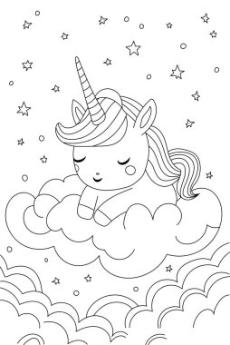 Tek boynuzlu at ayda uyuyor. Çocuklar ve öğrenciler için boyama kitabı sayfası.